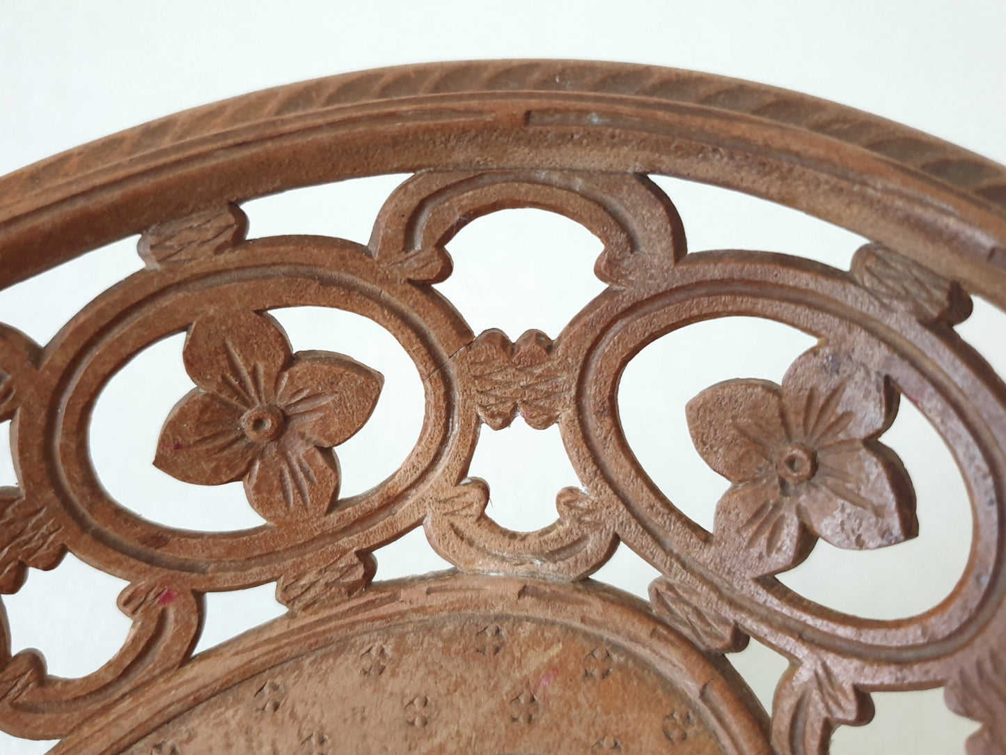 Antique Hand-Carved Wooden Tray with Pedestal Stand - Open Work Design