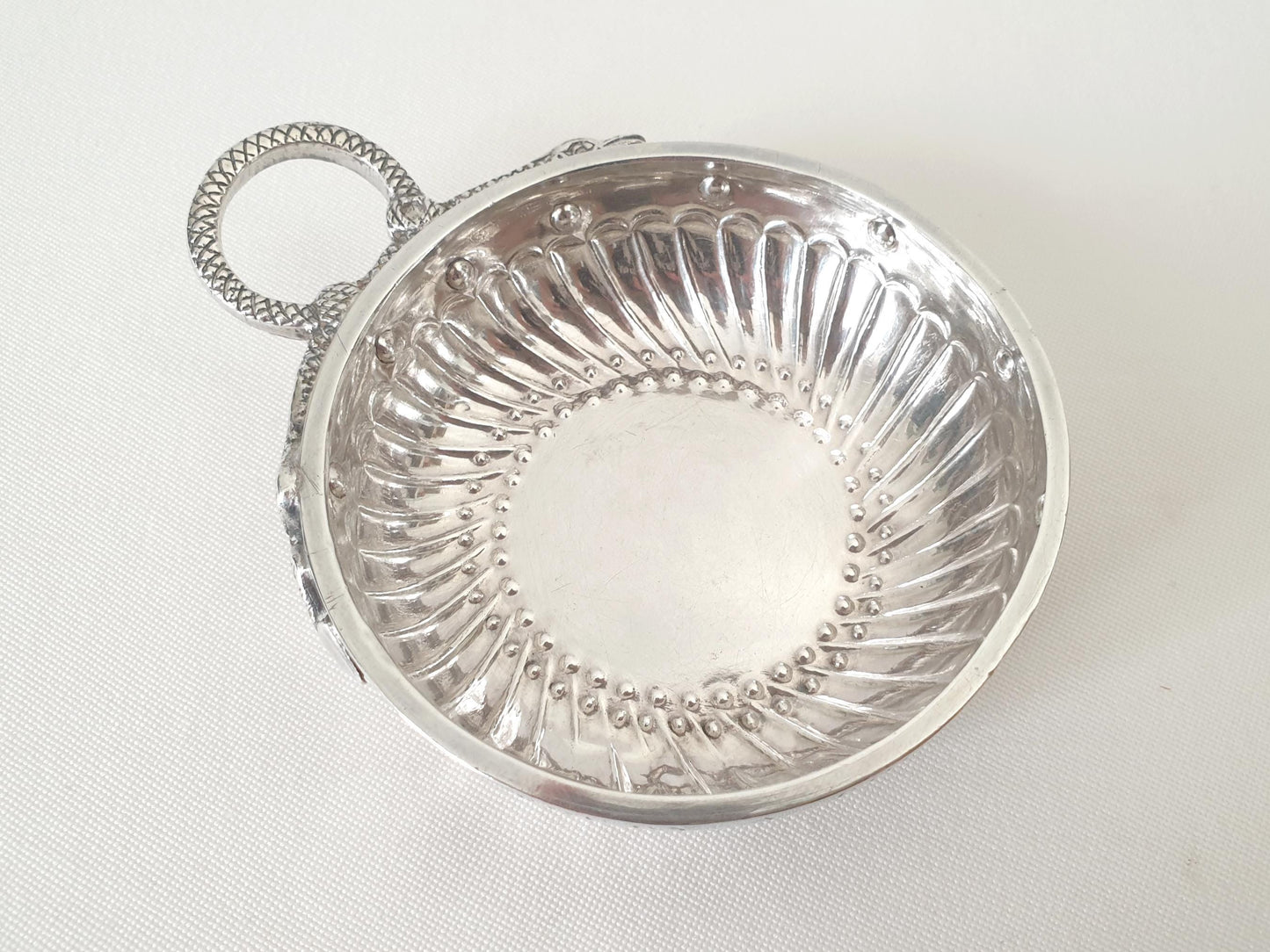 Antique French 950 Silver Wine Taster (Tastevin) with Serpent-shaped Handle
