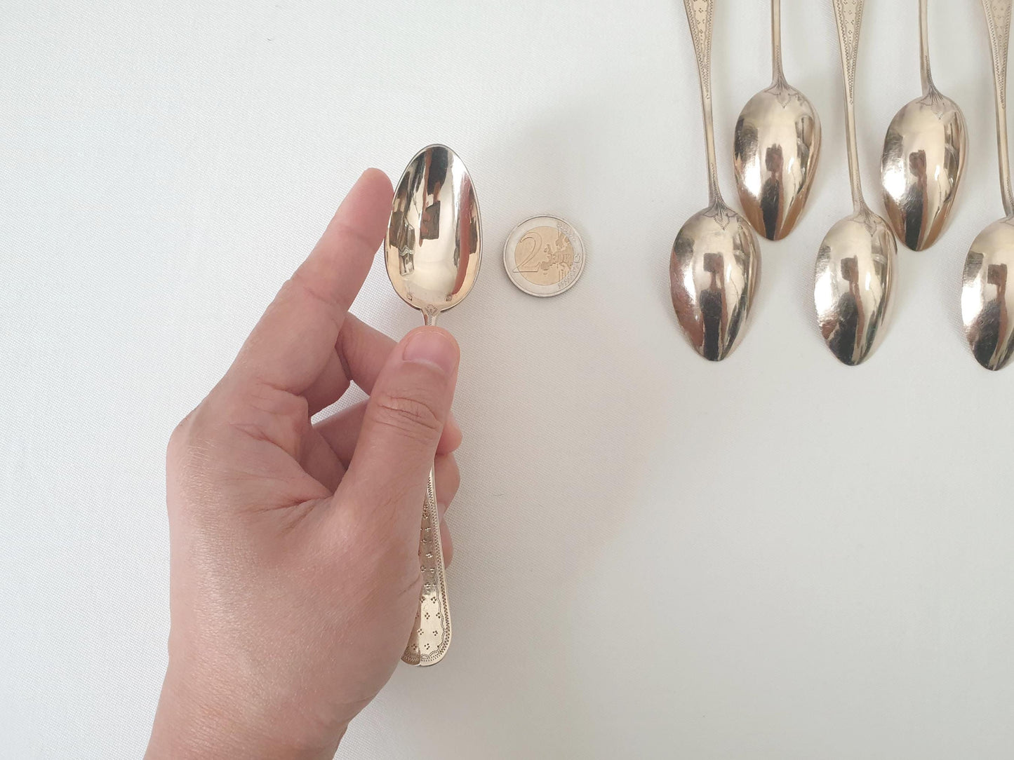 10 Silver and Gold Vermeil Coffee Spoons or Teaspoons in Louis XVI Style Medallion - Late 19th Century