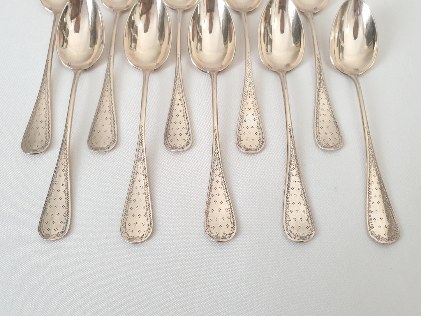10 Silver and Gold Vermeil Coffee Spoons or Teaspoons in Louis XVI Style Medallion - Late 19th Century