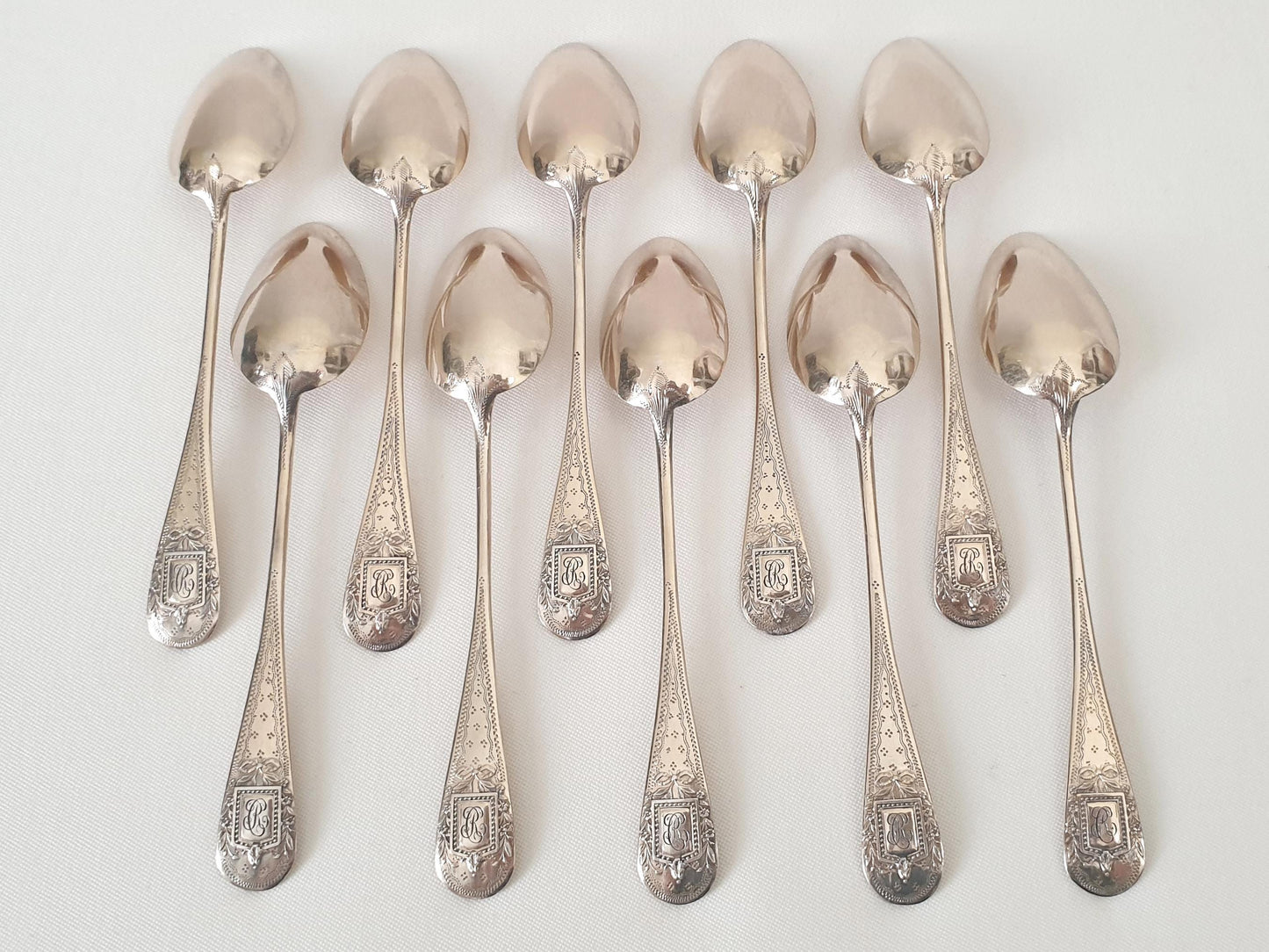 10 Silver and Gold Vermeil Coffee Spoons or Teaspoons in Louis XVI Style Medallion - Late 19th Century