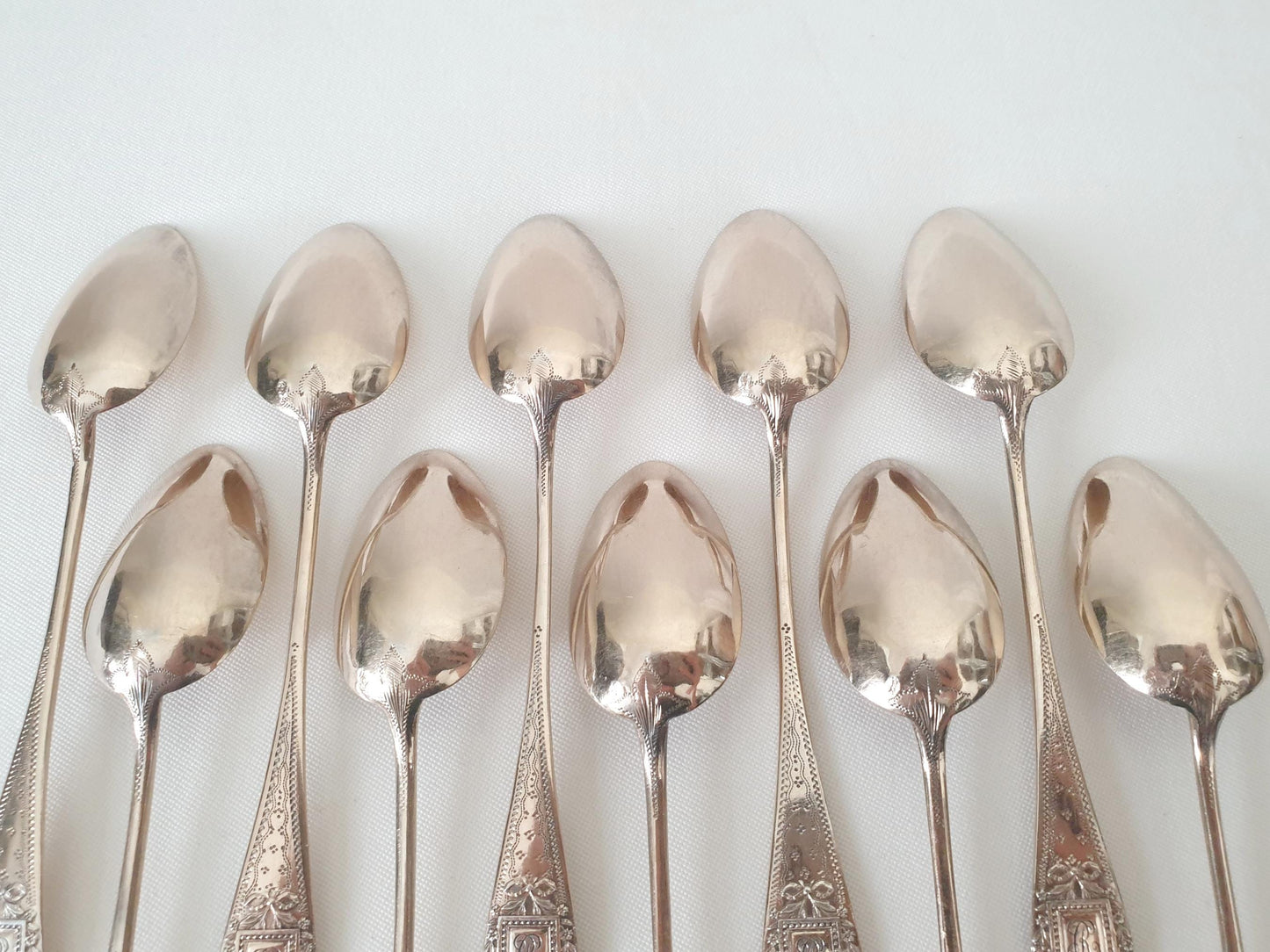 10 Silver and Gold Vermeil Coffee Spoons or Teaspoons in Louis XVI Style Medallion - Late 19th Century