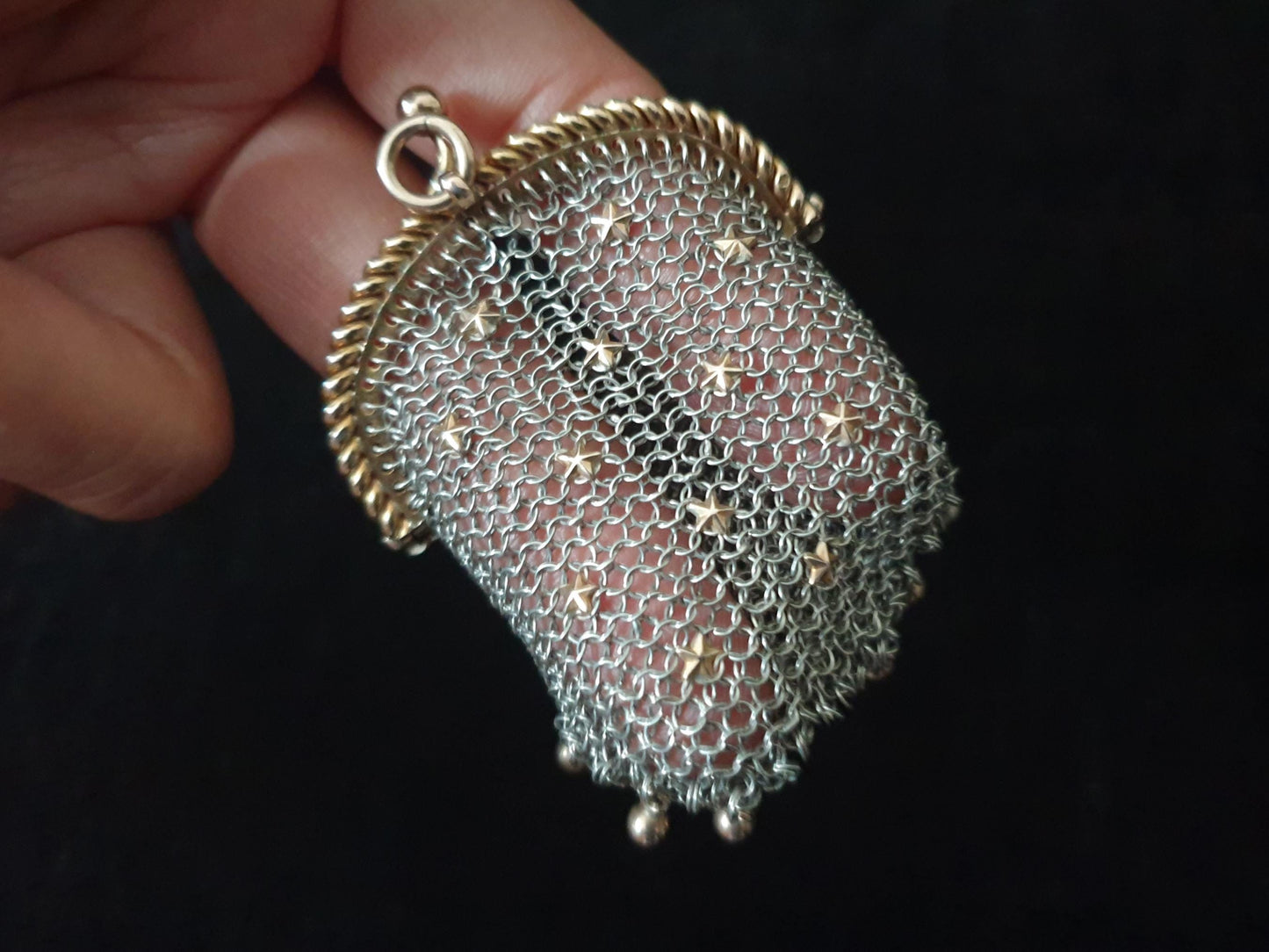 Antique French Gilt Silver Coin Purse with Two Compartments - Vermeil Silver Mesh with Star Decorations