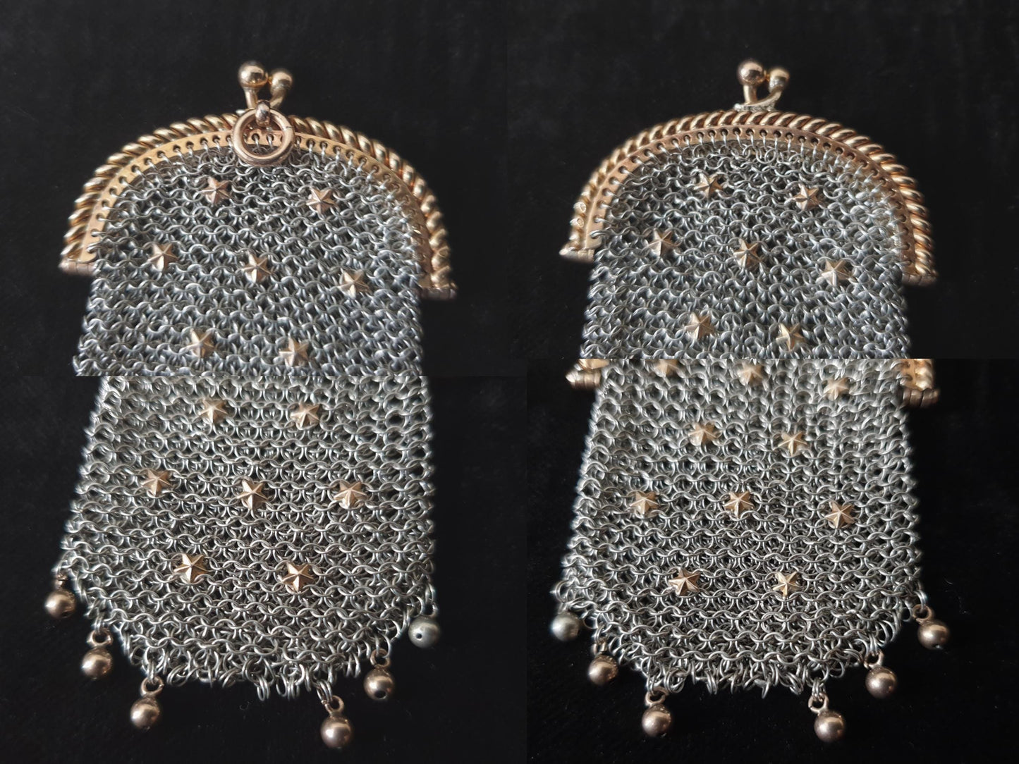 Antique French Gilt Silver Coin Purse with Two Compartments - Vermeil Silver Mesh with Star Decorations