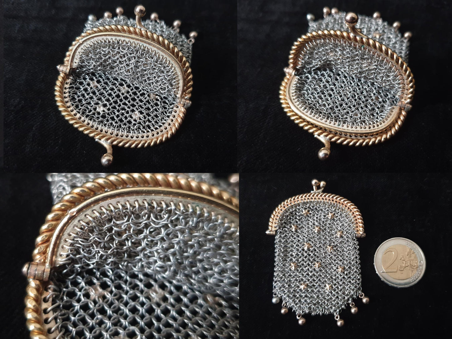 Antique French Gilt Silver Coin Purse with Two Compartments - Vermeil Silver Mesh with Star Decorations