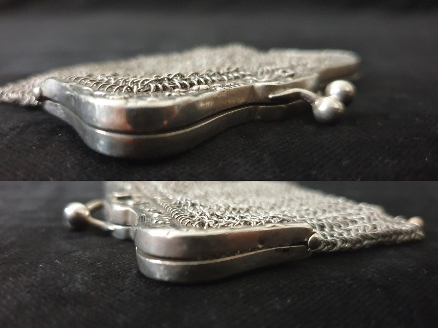 Vintage Silver Double Coin Purse with Rectangular Floral Clutch Frame - French Silver Mesh Double Coin Purse