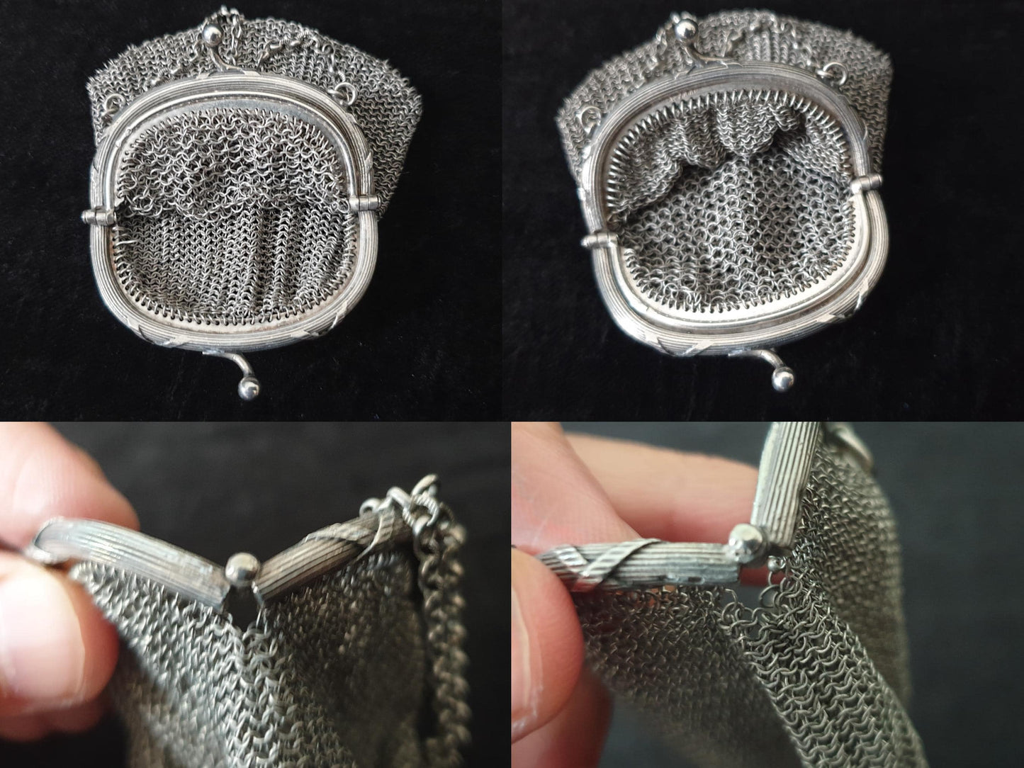 Vintage Silver Coin Purse with Small Chain and Two Compartments - French Silver Mesh Coin Purse