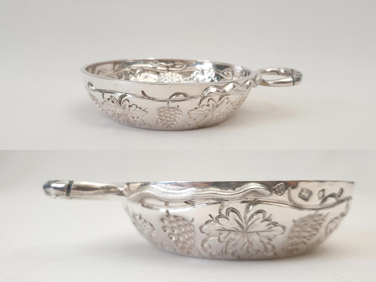 English Sterling Silver Wine Taster (Tastevin) with Grapevine Design - Serpent Handle by Herbert & Lawrence Parsons of Tessier, London, 1970