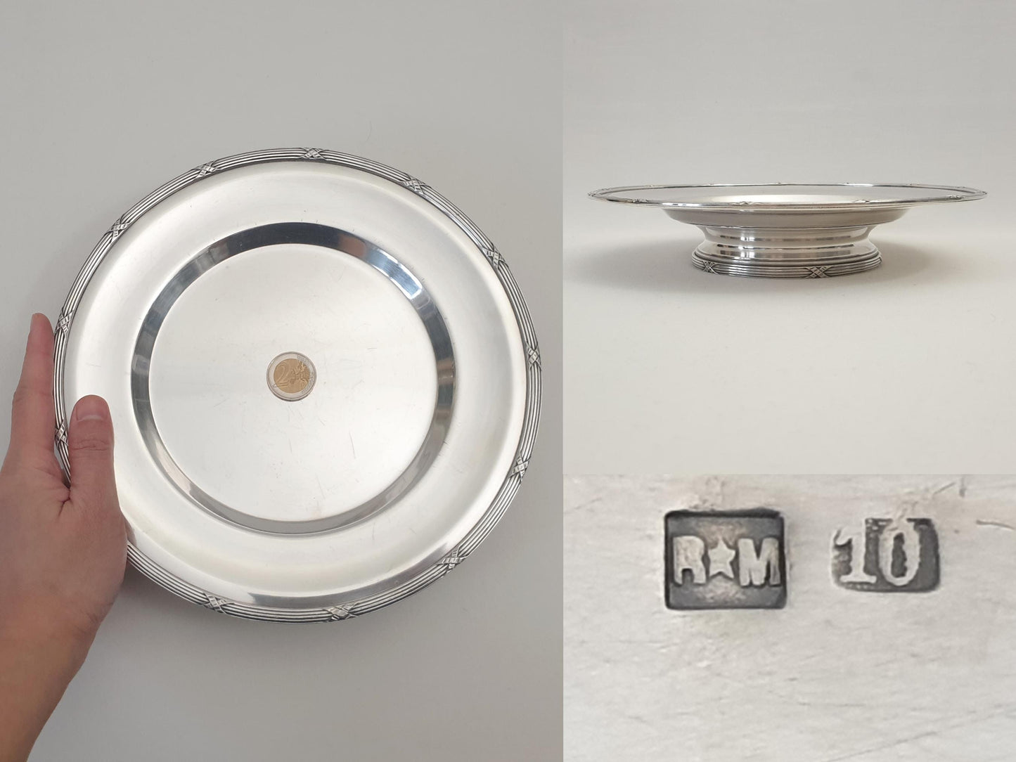 Antique French Silver Plated Pedestal Serving Plate or Fruit Bowl with Ribbon Rim by Roux - Marquiand, Lyon