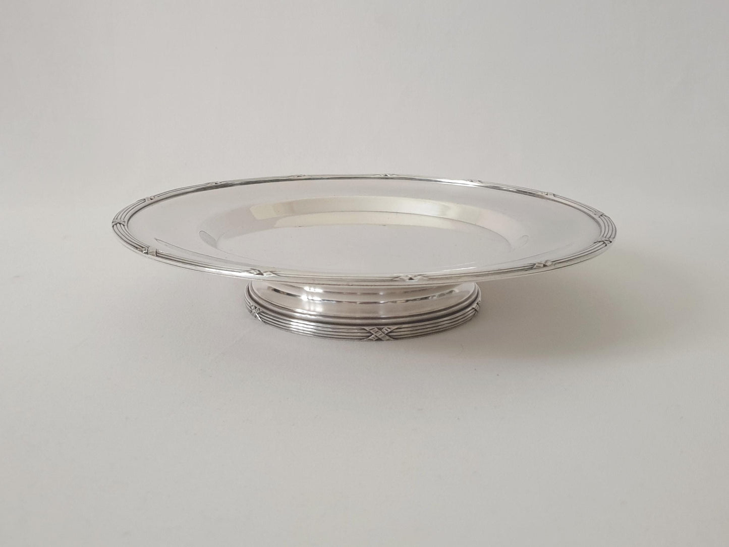 Antique French Silver Plated Pedestal Serving Plate or Fruit Bowl with Ribbon Rim by Roux - Marquiand, Lyon