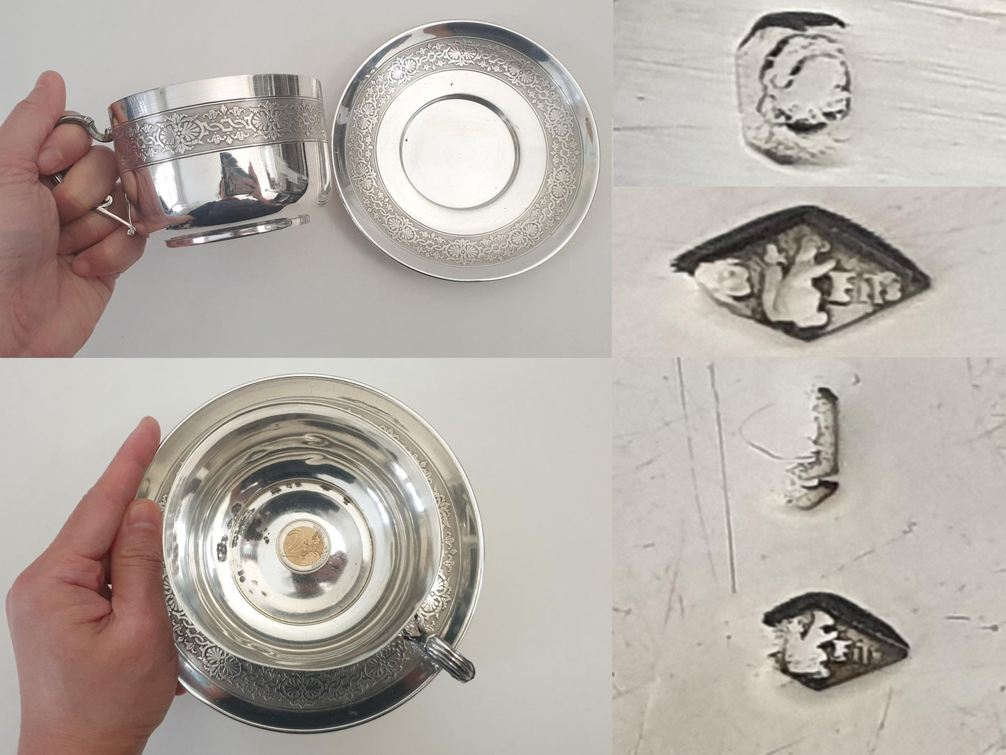 Antique French 950 Silver Coffee or Chocolate Cup and Saucer - Solid Silver Tea Cup and Saucer Set