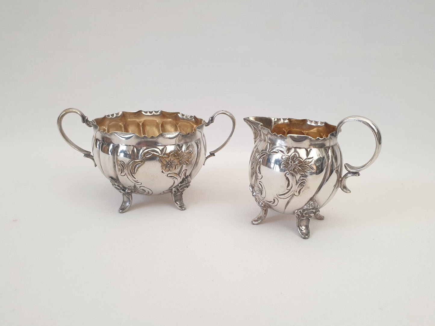 Antique Small Silver Plated Milk Jug & Sugar Bowl - French Cream and Sugar Set in Rococo Style