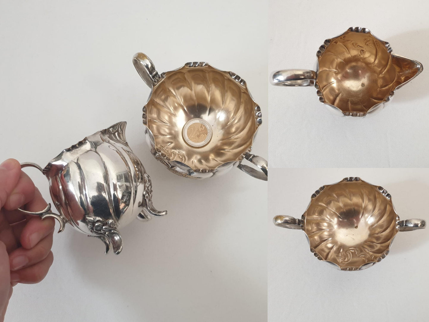 Antique Small Silver Plated Milk Jug & Sugar Bowl - French Cream and Sugar Set in Rococo Style