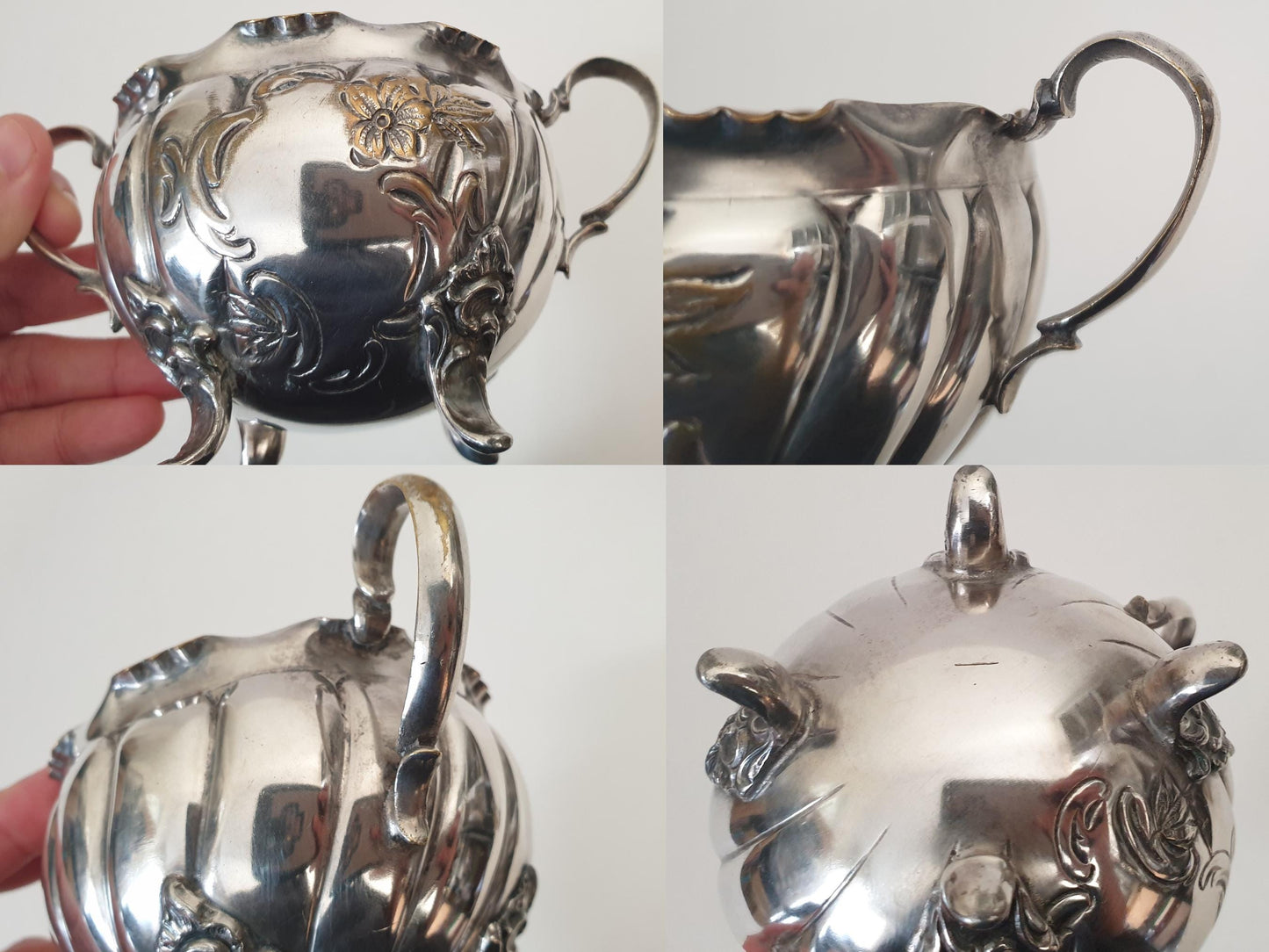 Antique Small Silver Plated Milk Jug & Sugar Bowl - French Cream and Sugar Set in Rococo Style