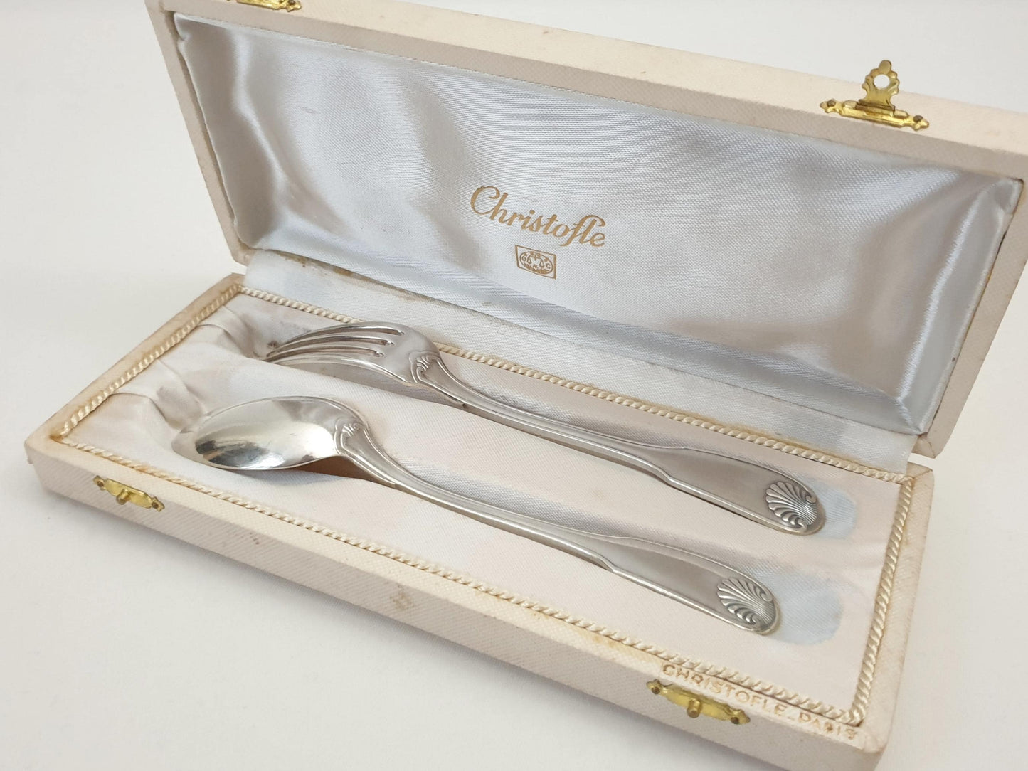 Christofle Silver Plated Baptism Cutlery 'Vendôme' Model - French Christofle Silver Plated Baby Spoon & Fork Set