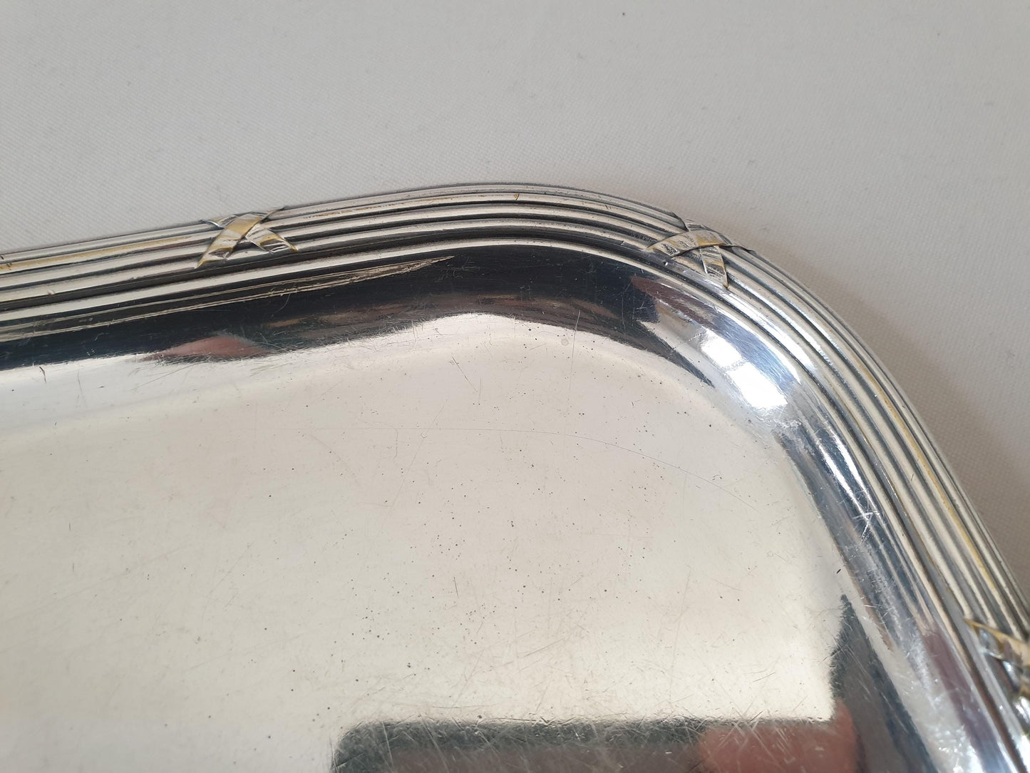 French Antique Small Silver Plated Rectangular Serving Tray or Decorative Tray with Ribbon and Reed Border by Boulenger