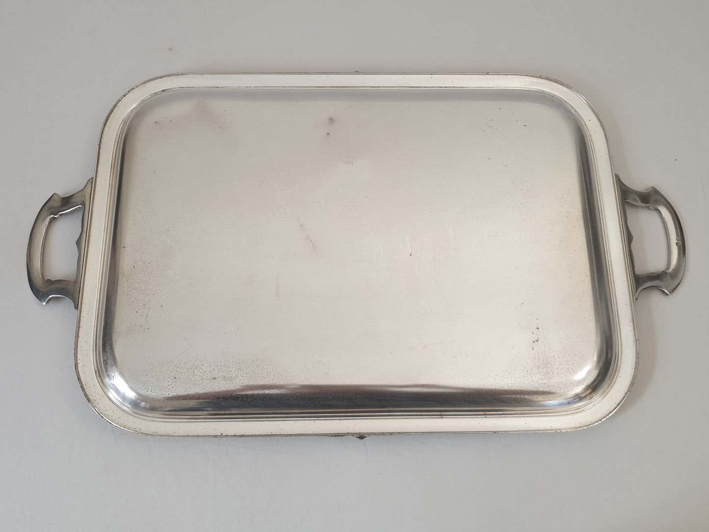 French Vintage Large Silver Plated Rectangular Serving Tray with Handles in Louis XVI Revival Style