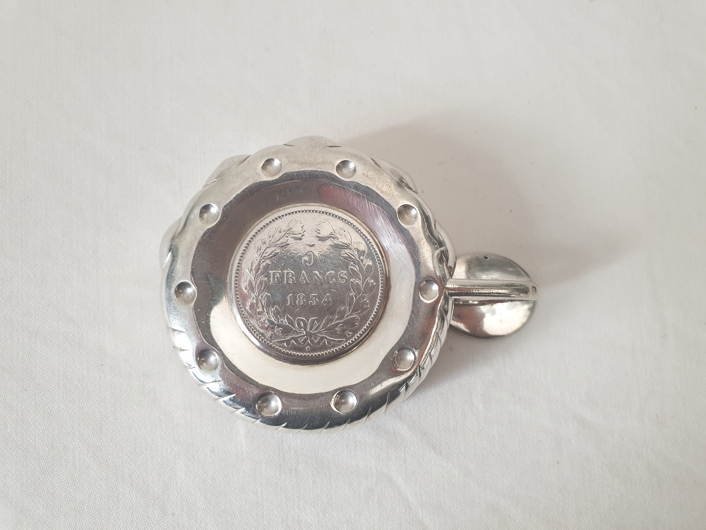 Antique French 800 Silver Wine Taster (Tastevin) with Rare 5 Francs LOUIS PHILIPPE Ier 1834 Silver Coin