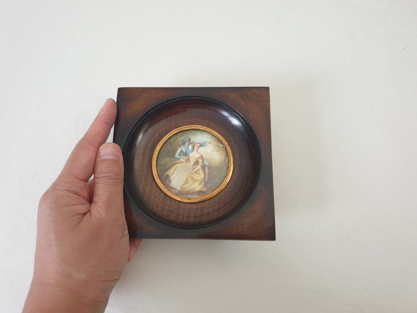 Vintage Hand Painted Miniature of Pastoral Lovers in Wooden Frame