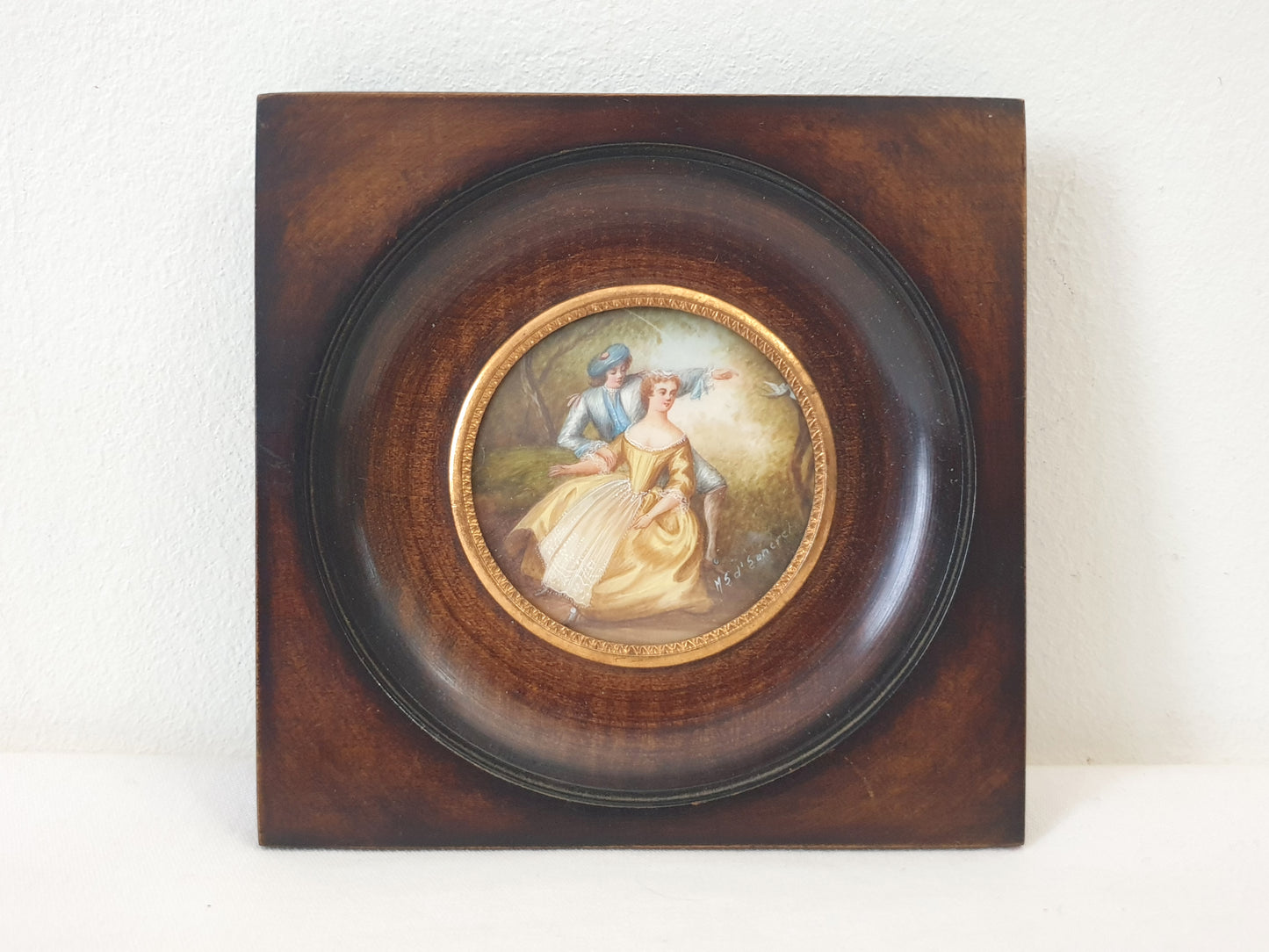 Vintage Hand Painted Miniature of Pastoral Lovers in Wooden Frame