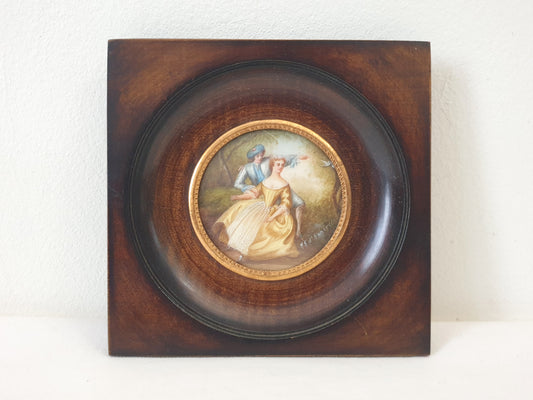 Vintage Hand Painted Miniature of Pastoral Lovers in Wooden Frame