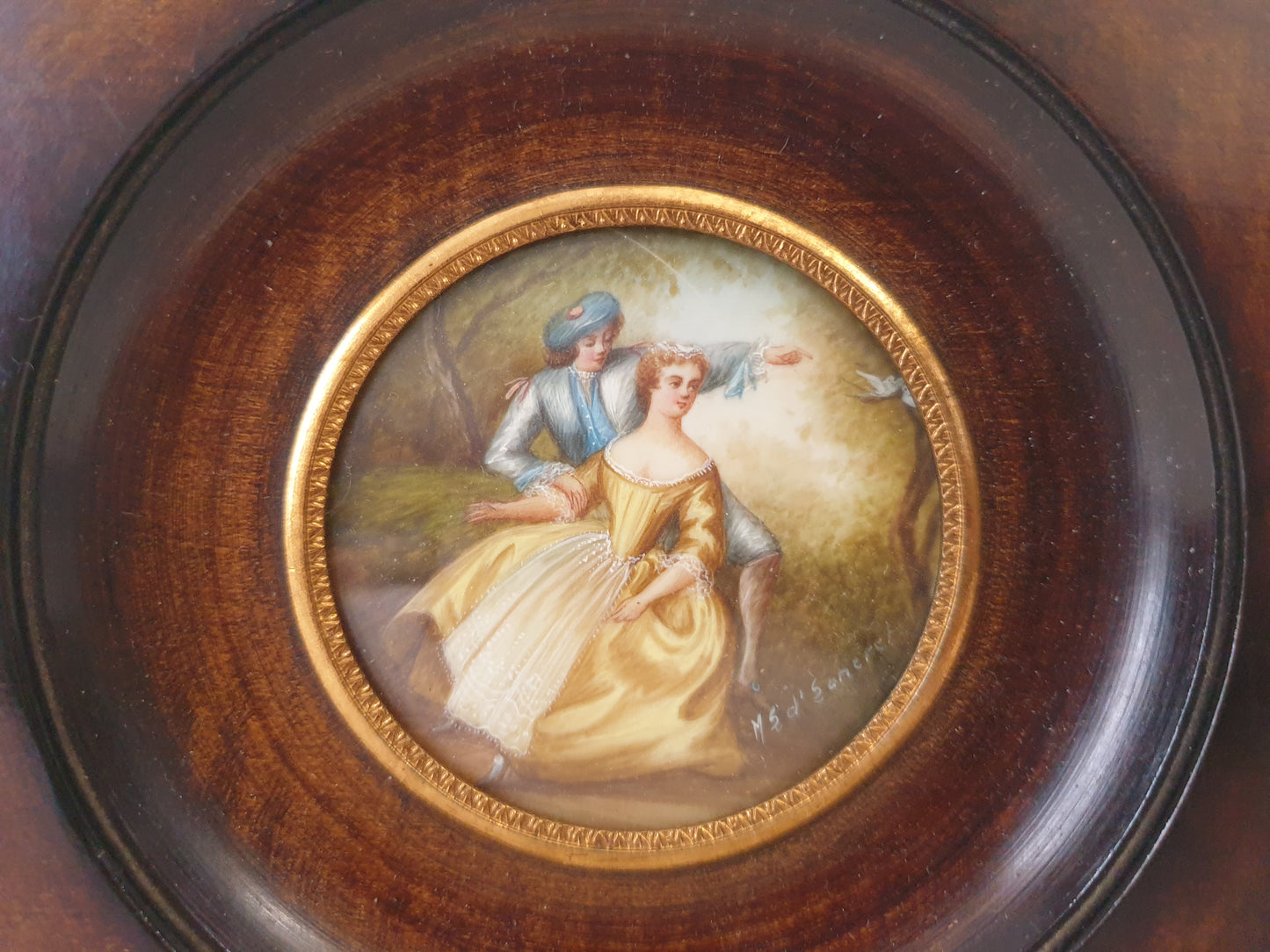 Vintage Hand Painted Miniature of Pastoral Lovers in Wooden Frame