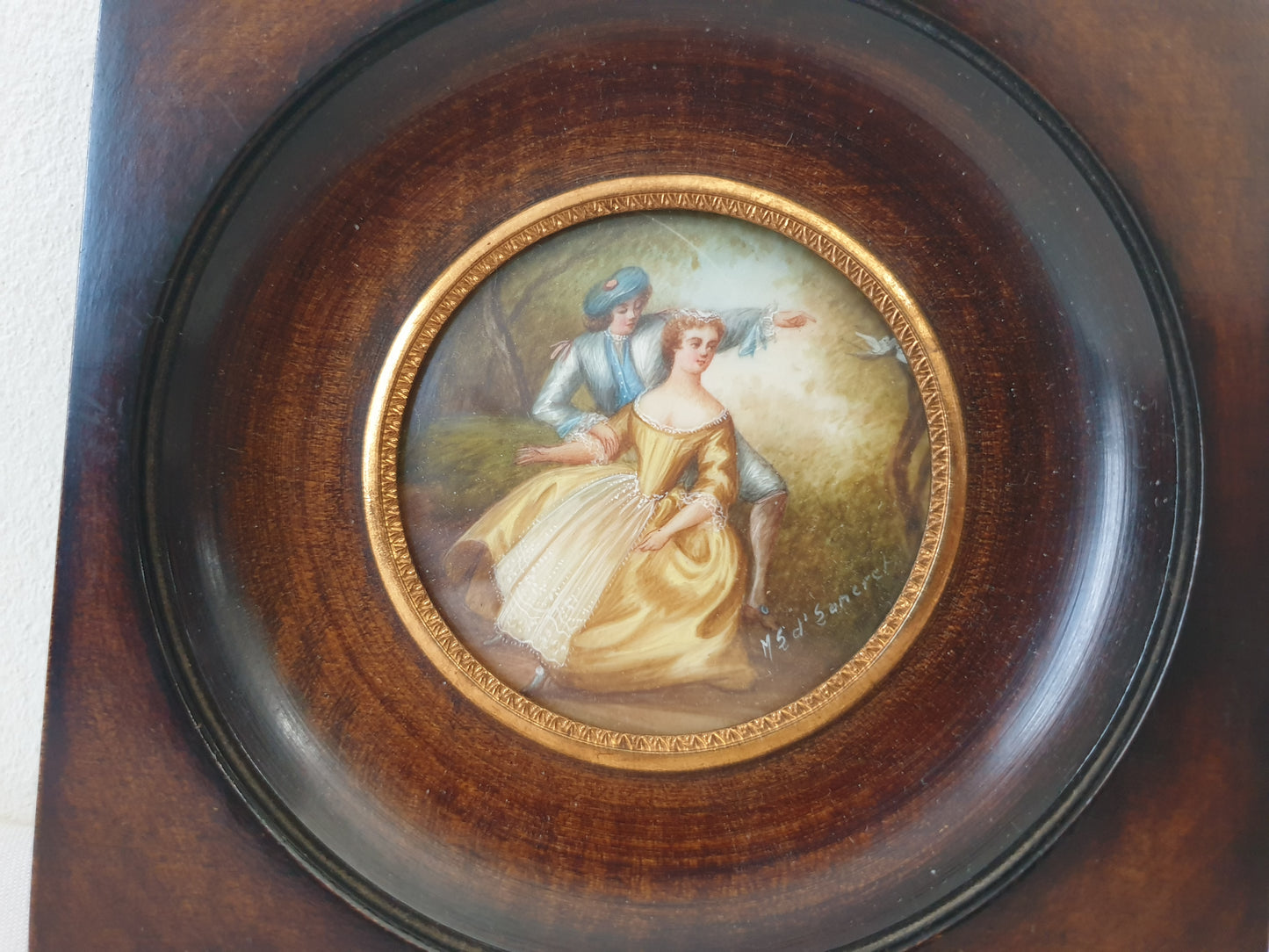 Vintage Hand Painted Miniature of Pastoral Lovers in Wooden Frame