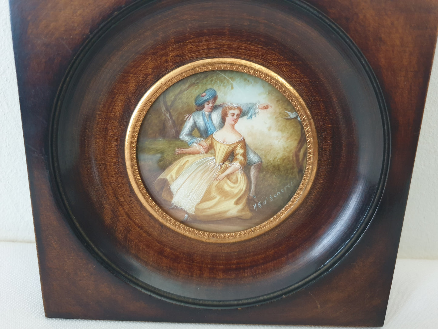 Vintage Hand Painted Miniature of Pastoral Lovers in Wooden Frame