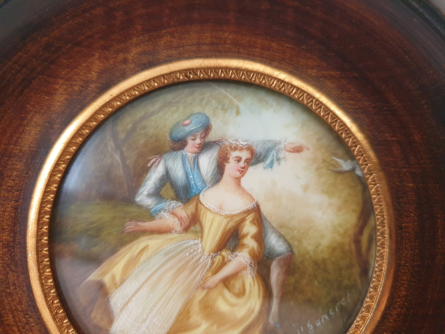 Vintage Hand Painted Miniature of Pastoral Lovers in Wooden Frame