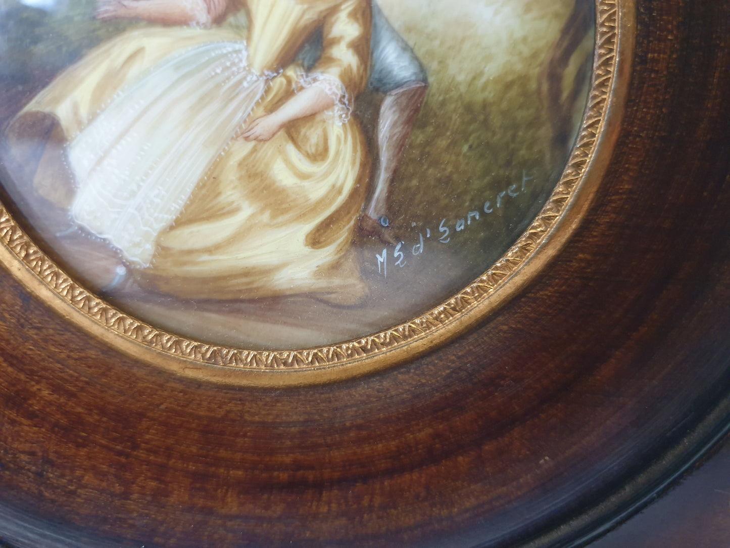 Vintage Hand Painted Miniature of Pastoral Lovers in Wooden Frame