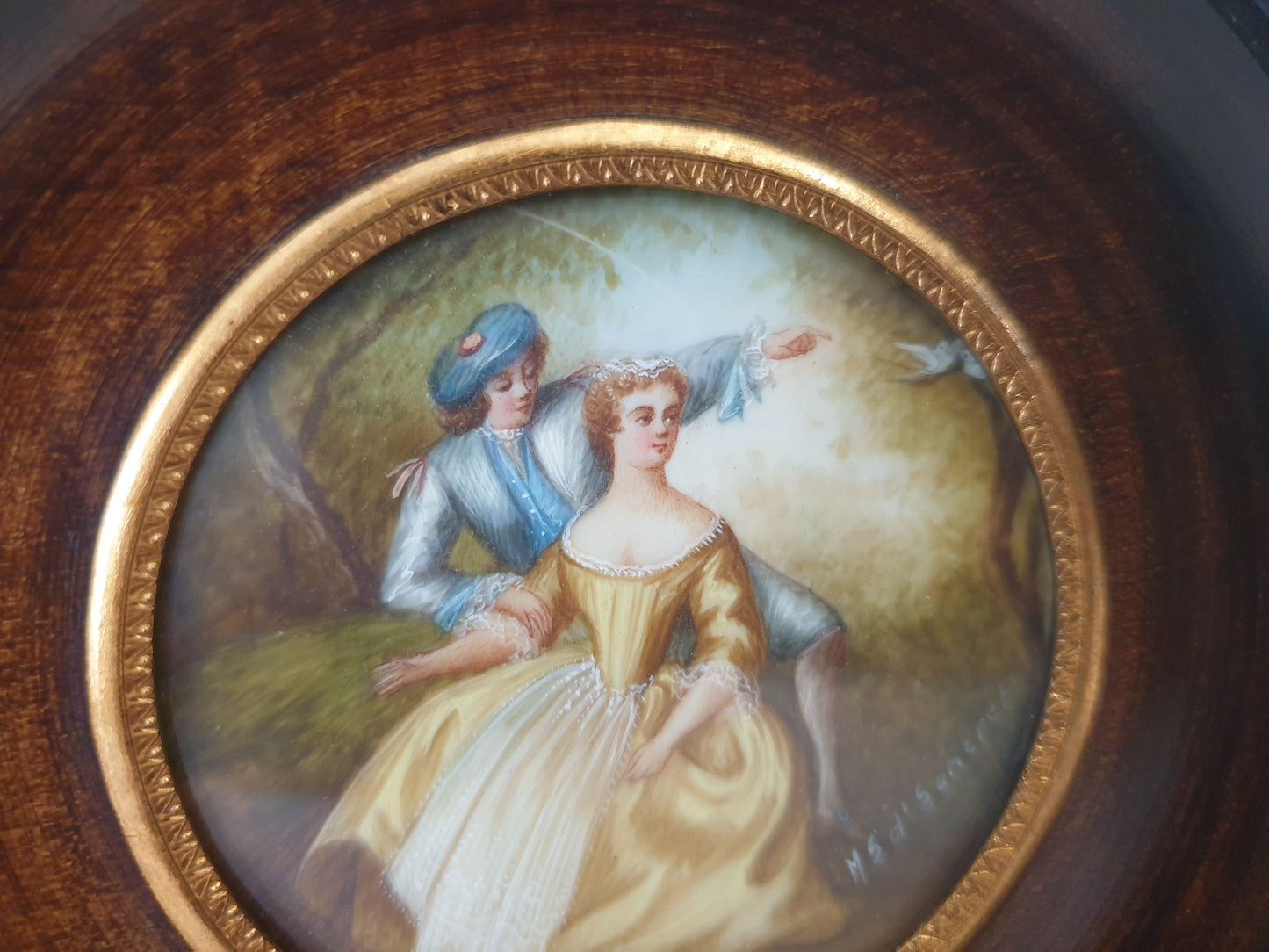 Vintage Hand Painted Miniature of Pastoral Lovers in Wooden Frame