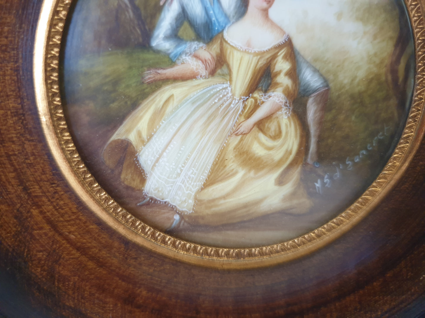 Vintage Hand Painted Miniature of Pastoral Lovers in Wooden Frame