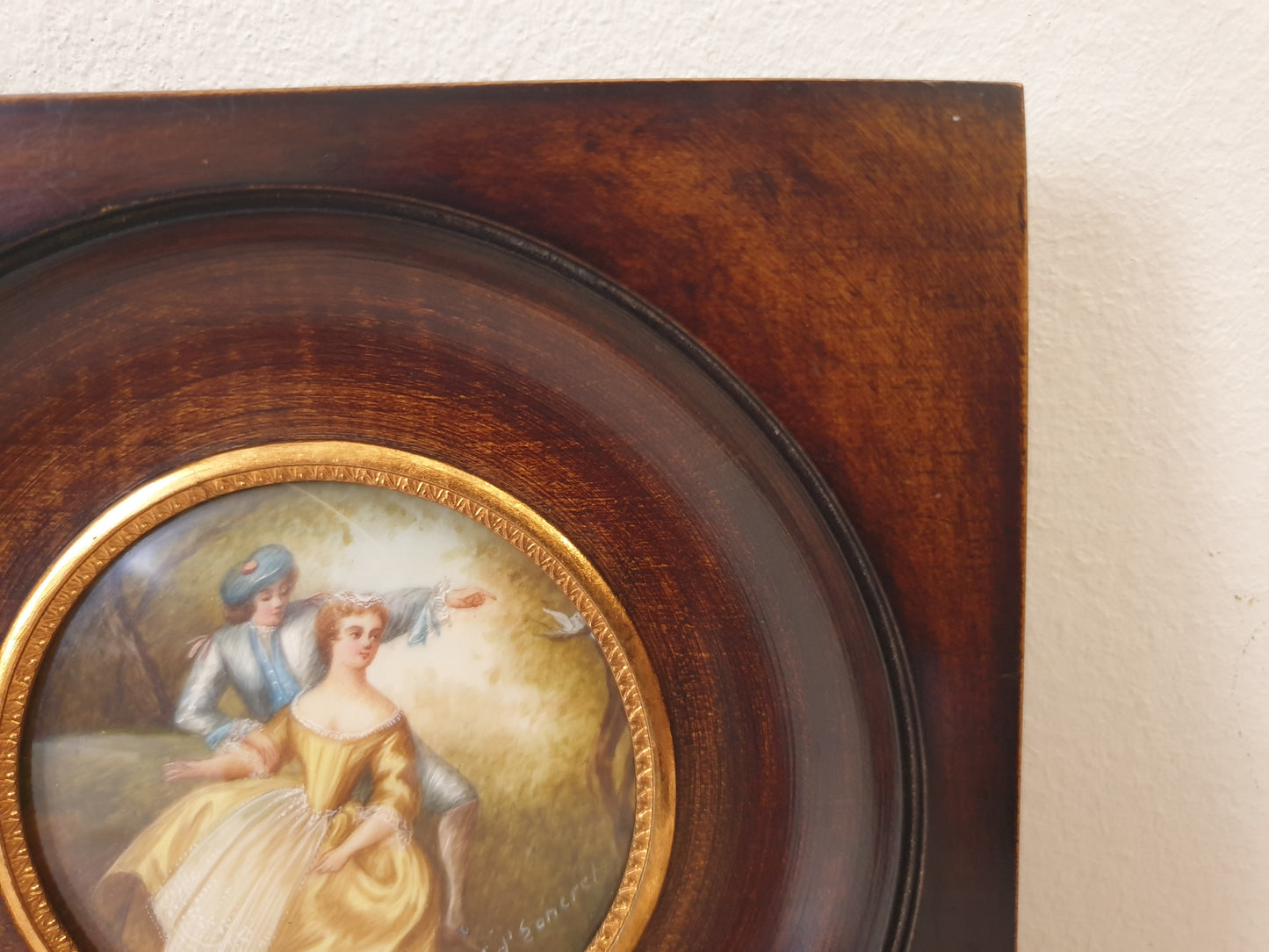 Vintage Hand Painted Miniature of Pastoral Lovers in Wooden Frame