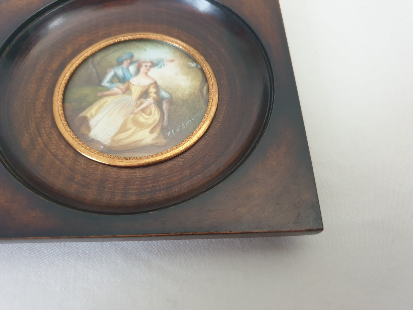 Vintage Hand Painted Miniature of Pastoral Lovers in Wooden Frame
