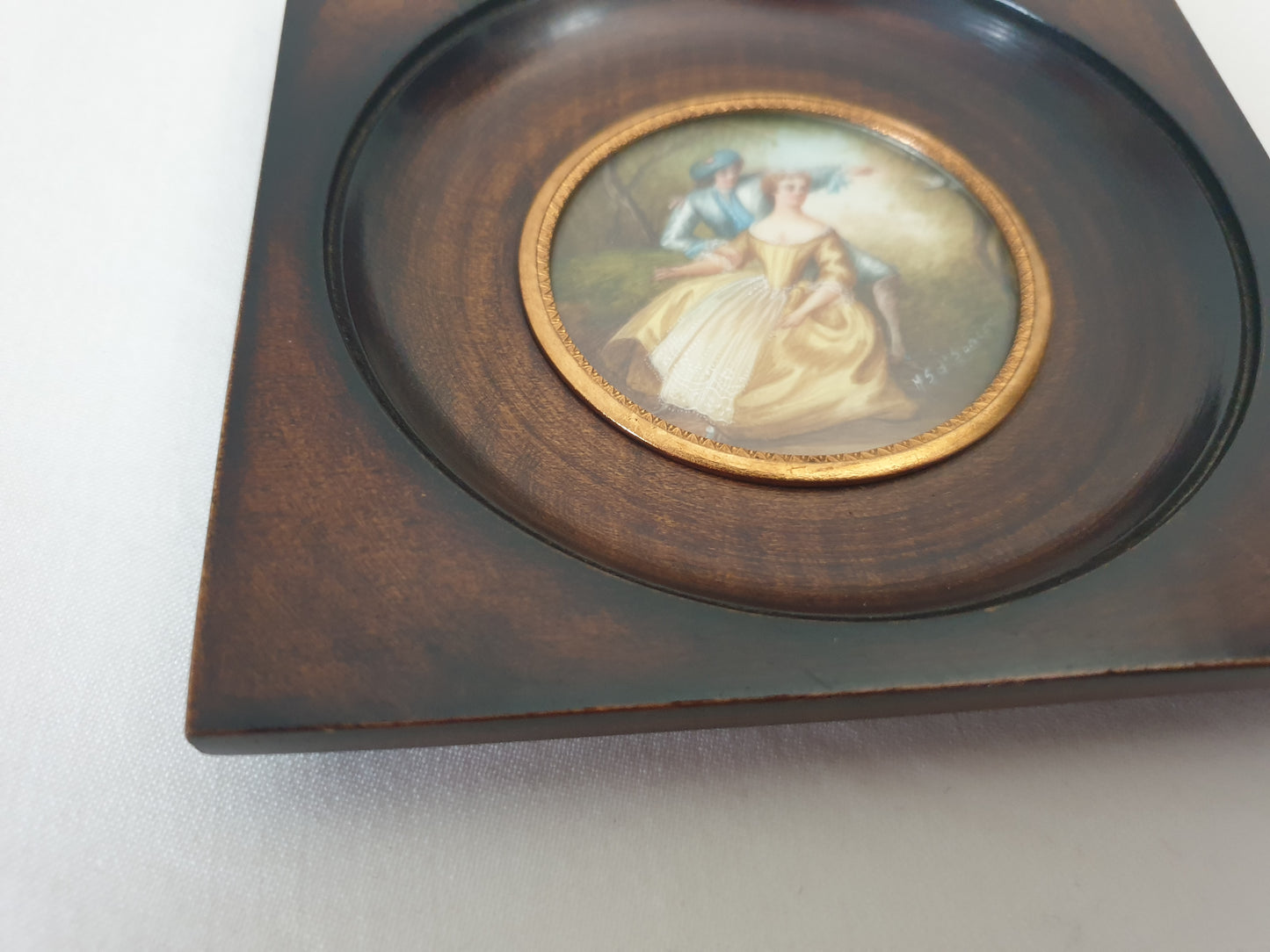 Vintage Hand Painted Miniature of Pastoral Lovers in Wooden Frame