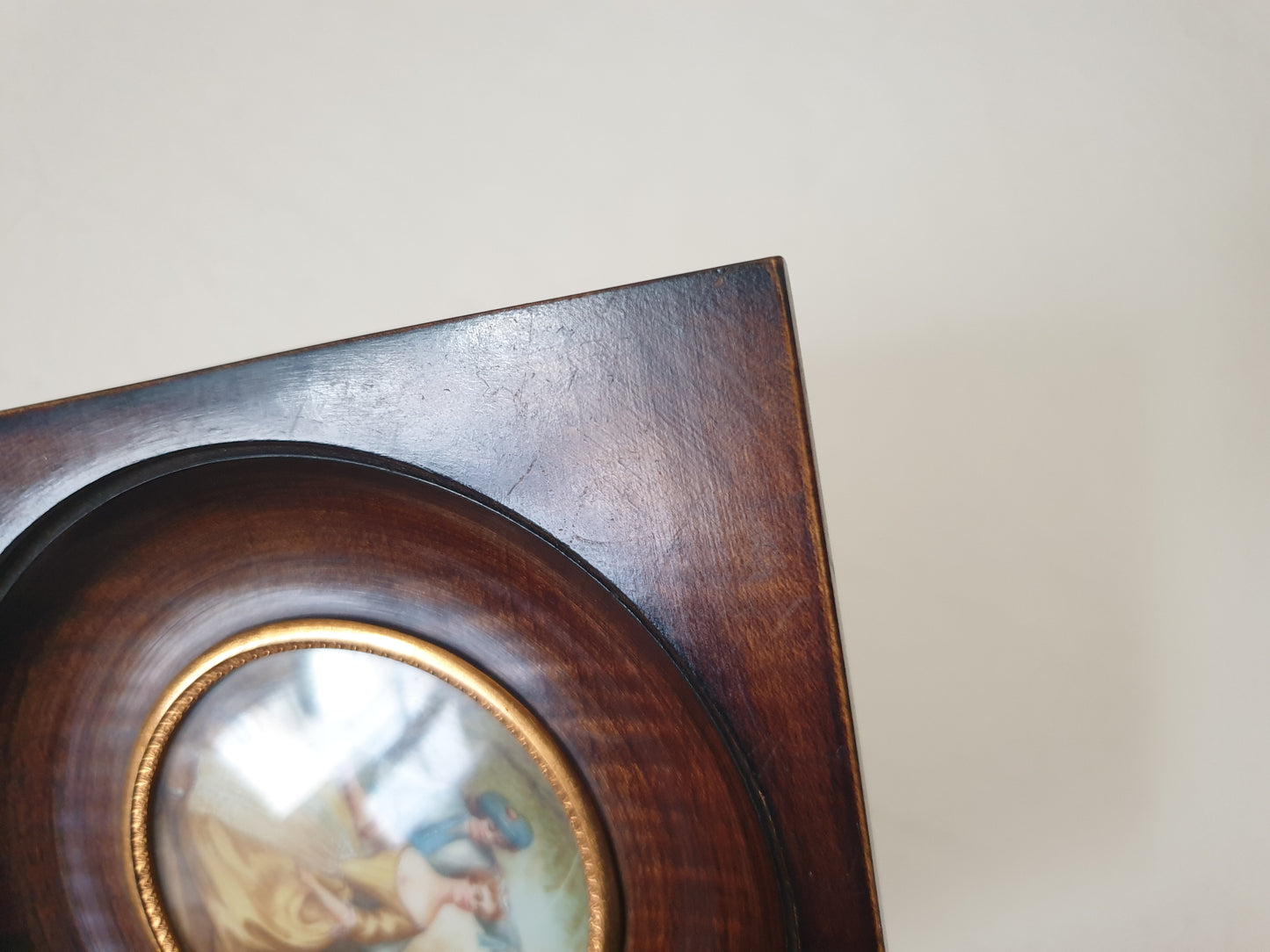 Vintage Hand Painted Miniature of Pastoral Lovers in Wooden Frame