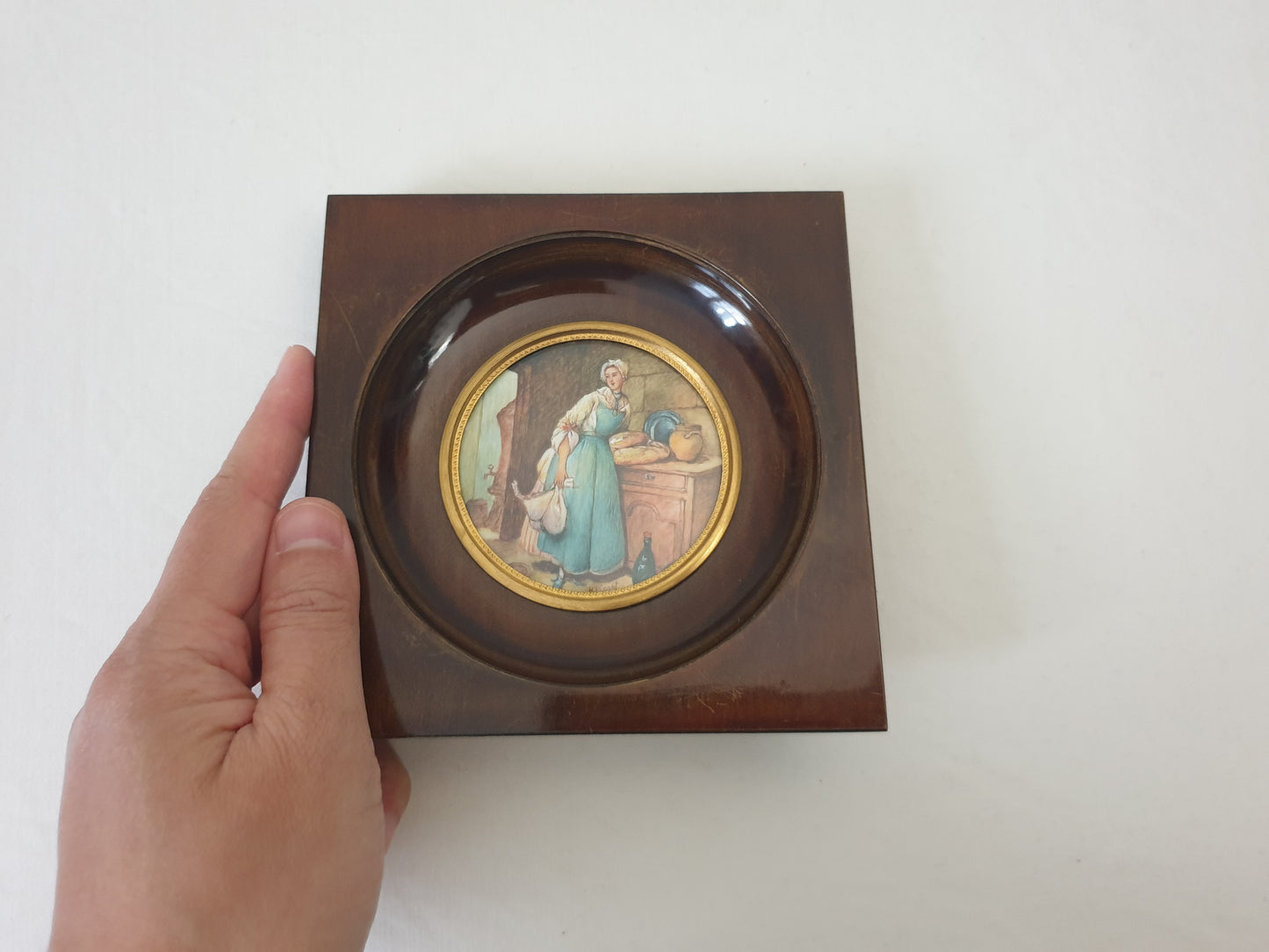 French Vintage Hand Painted Miniature of a Maid in Kitchen