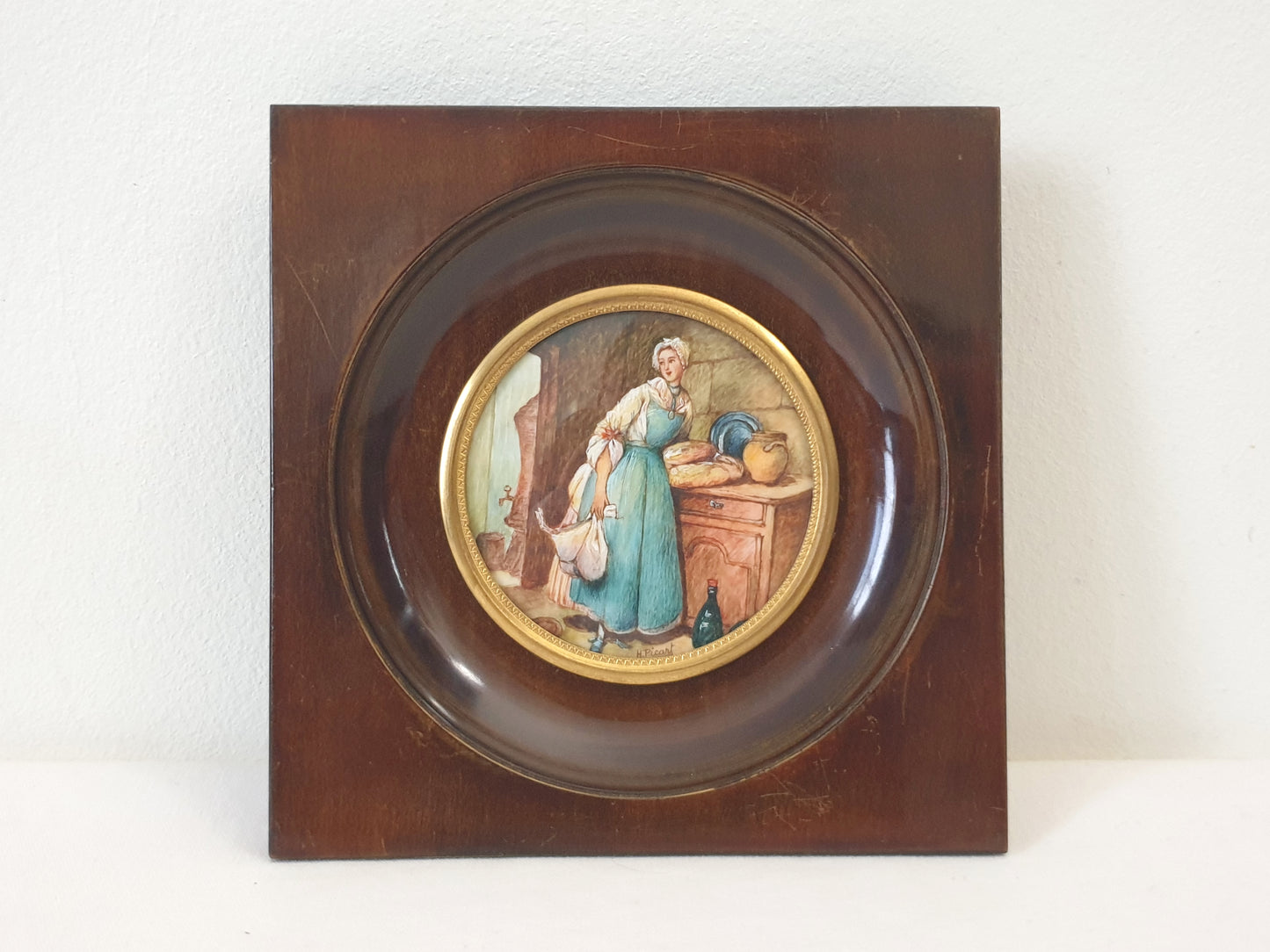 French Vintage Hand Painted Miniature of a Maid in Kitchen