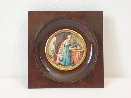 French Vintage Hand Painted Miniature of a Maid in Kitchen