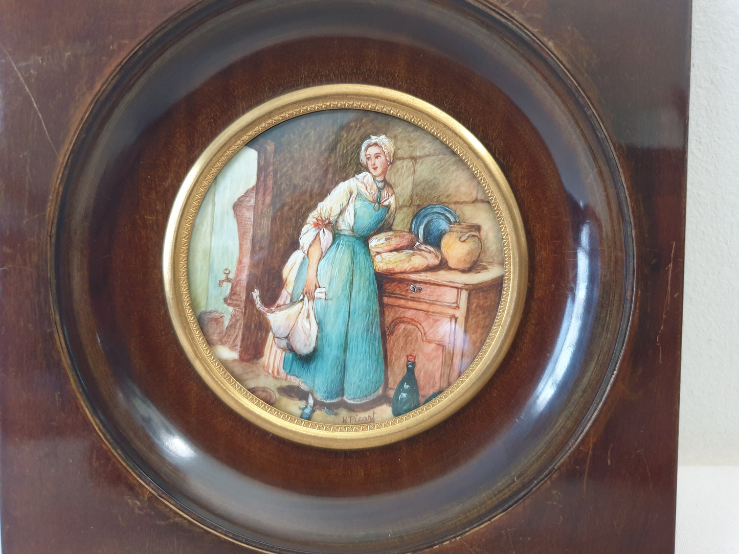 French Vintage Hand Painted Miniature of a Maid in Kitchen