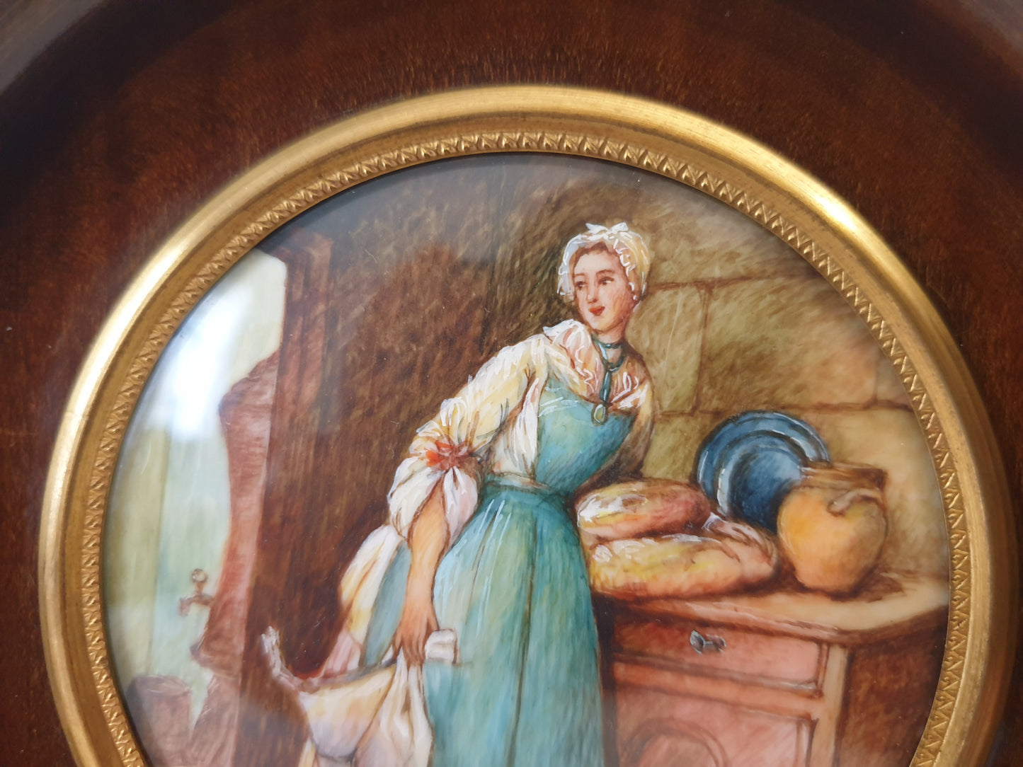 French Vintage Hand Painted Miniature of a Maid in Kitchen