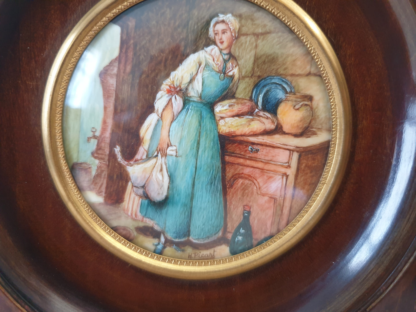 French Vintage Hand Painted Miniature of a Maid in Kitchen