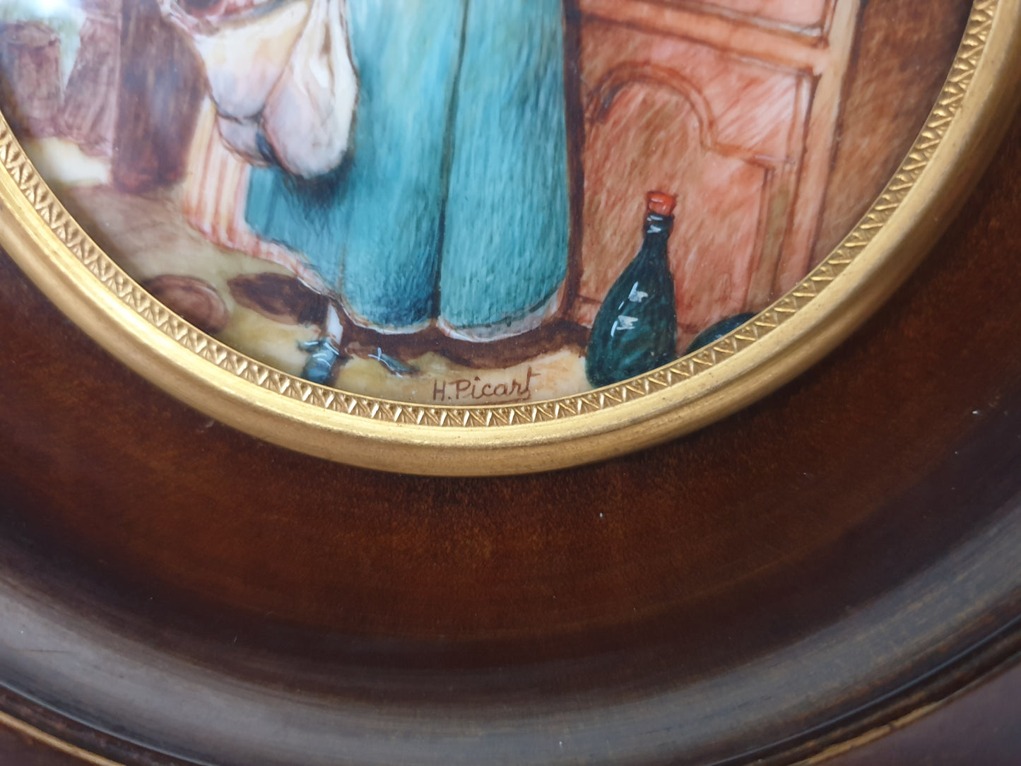 French Vintage Hand Painted Miniature of a Maid in Kitchen