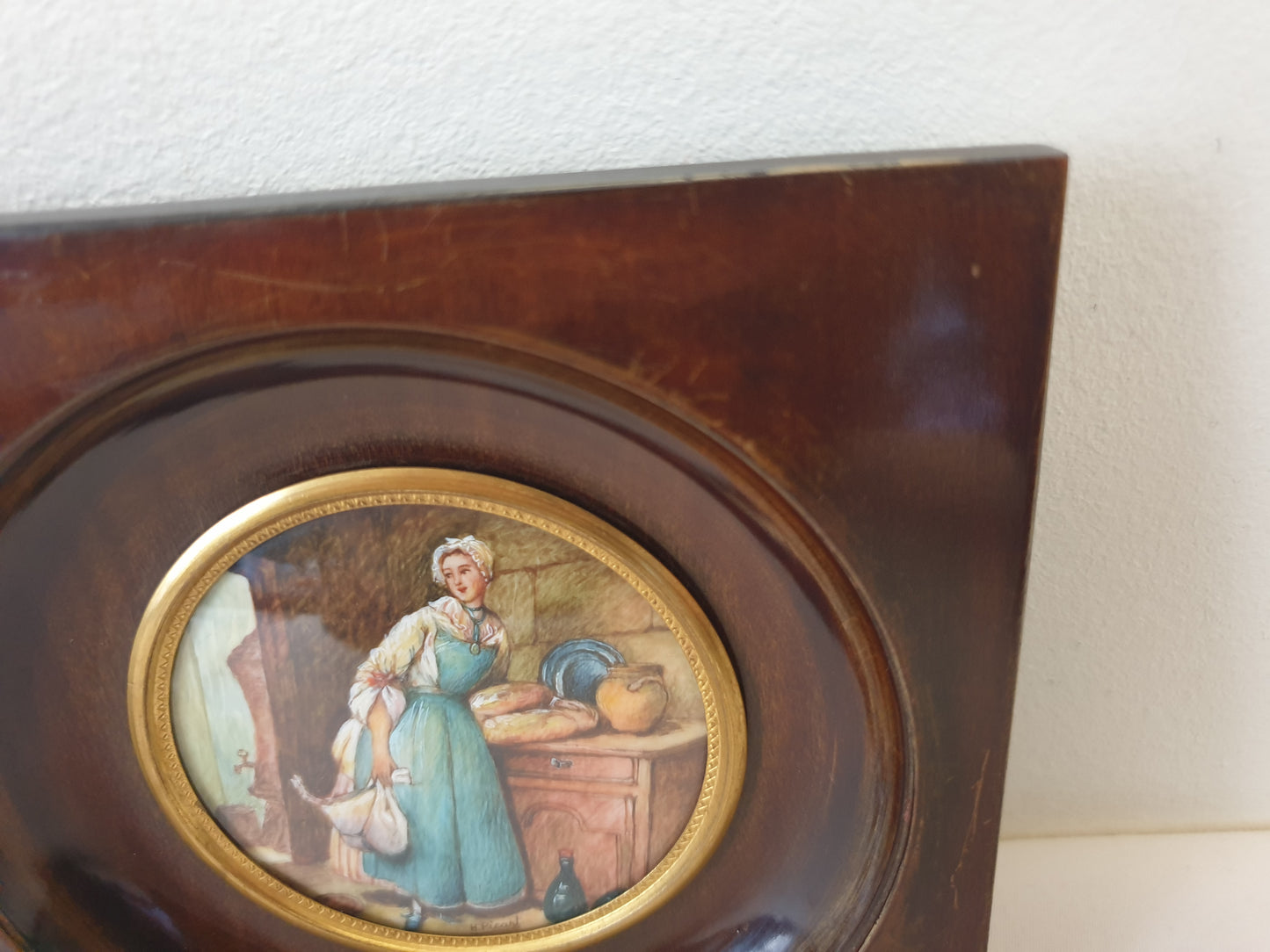 French Vintage Hand Painted Miniature of a Maid in Kitchen