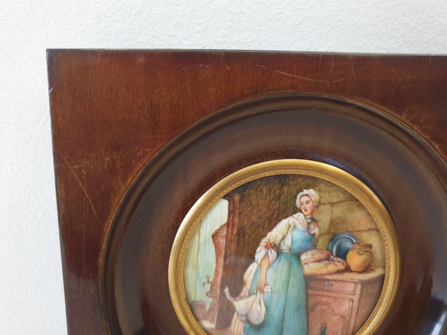 French Vintage Hand Painted Miniature of a Maid in Kitchen