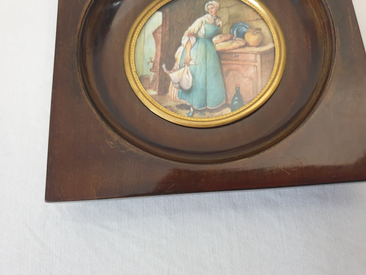 French Vintage Hand Painted Miniature of a Maid in Kitchen
