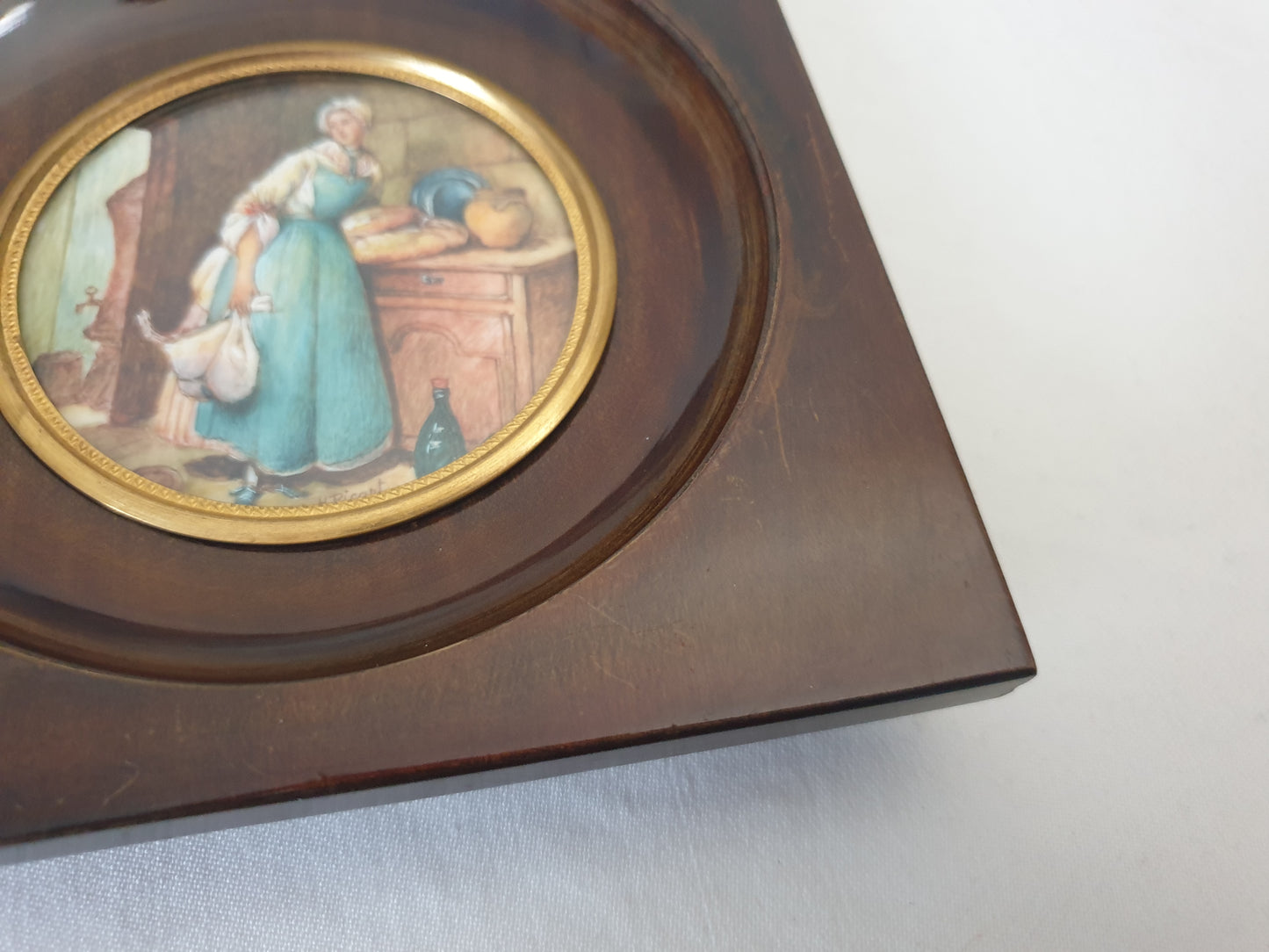 French Vintage Hand Painted Miniature of a Maid in Kitchen