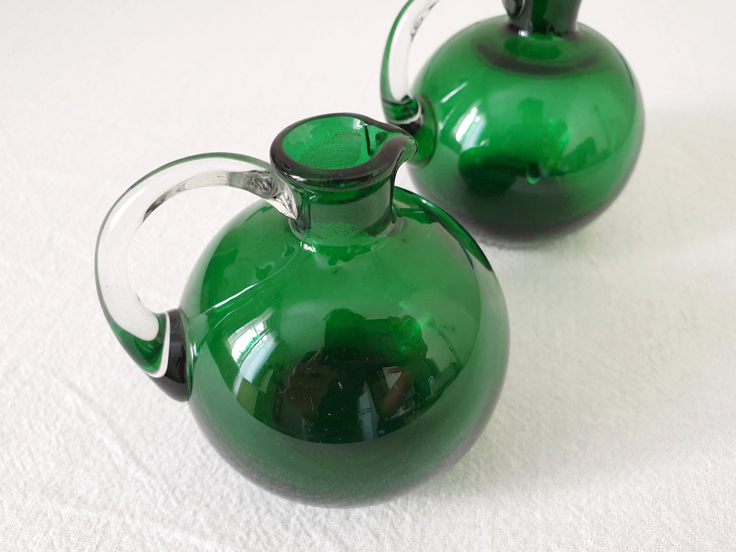 Set of 2 Vintage Mini Hand Blown Green Glass Pitchers or Small Vases