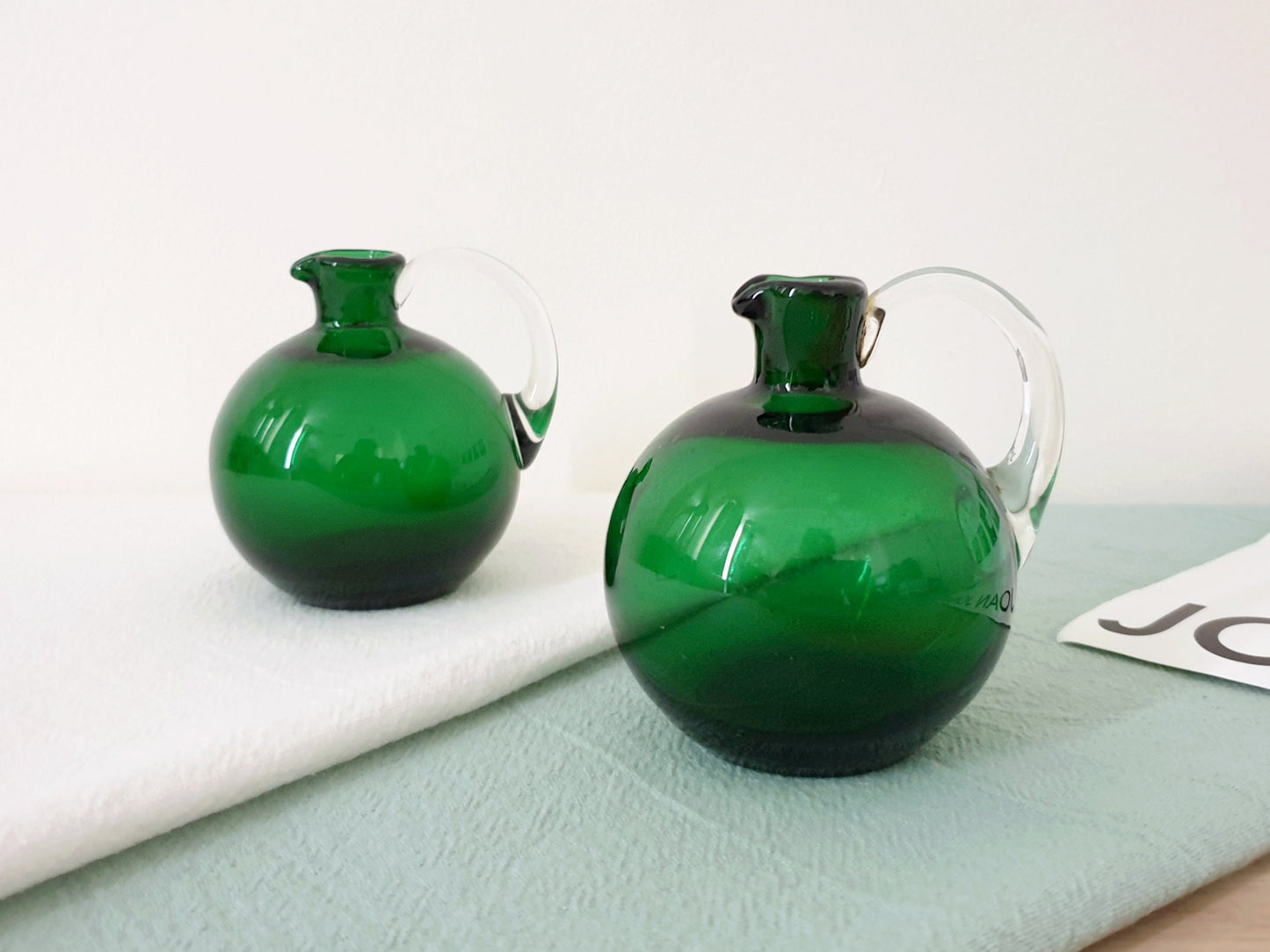 Set of 2 Vintage Mini Hand Blown Green Glass Pitchers or Small Vases