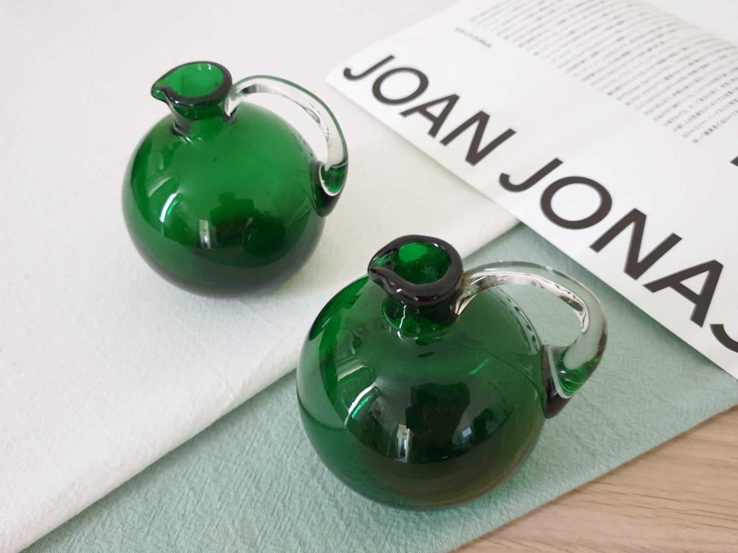 Set of 2 Vintage Mini Hand Blown Green Glass Pitchers or Small Vases